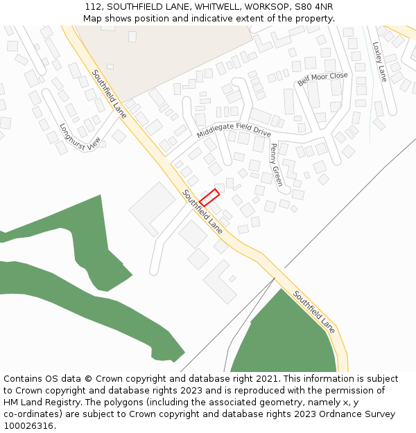 112, SOUTHFIELD LANE, WHITWELL, WORKSOP, S80 4NR: Location map and indicative extent of plot