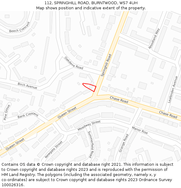 112, SPRINGHILL ROAD, BURNTWOOD, WS7 4UH: Location map and indicative extent of plot