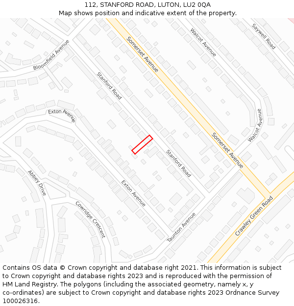 112, STANFORD ROAD, LUTON, LU2 0QA: Location map and indicative extent of plot