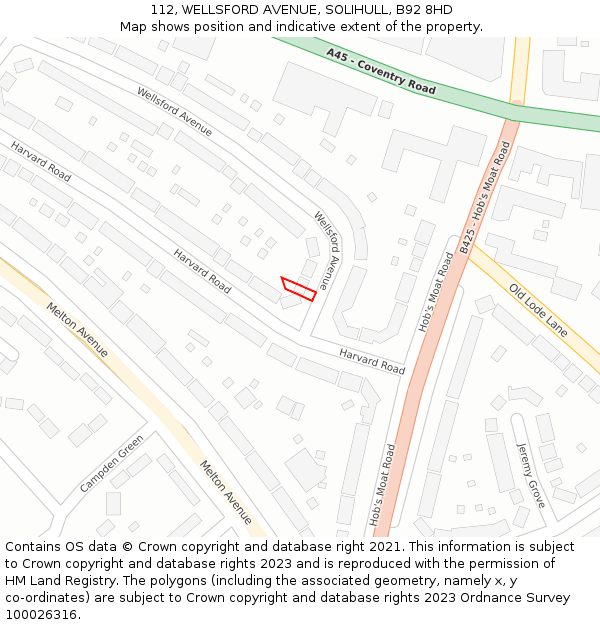 112, WELLSFORD AVENUE, SOLIHULL, B92 8HD: Location map and indicative extent of plot