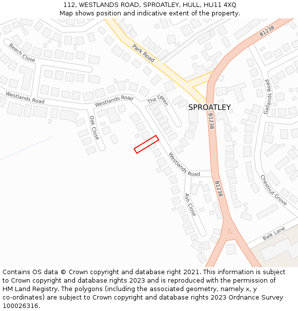 112, WESTLANDS ROAD, SPROATLEY, HULL, HU11 4XQ: Location map and indicative extent of plot