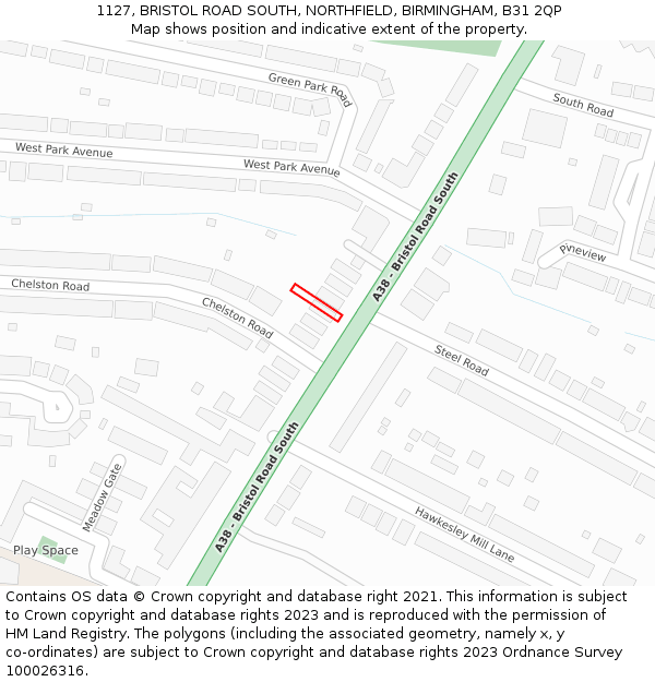 1127, BRISTOL ROAD SOUTH, NORTHFIELD, BIRMINGHAM, B31 2QP: Location map and indicative extent of plot