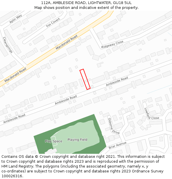 112A, AMBLESIDE ROAD, LIGHTWATER, GU18 5UL: Location map and indicative extent of plot