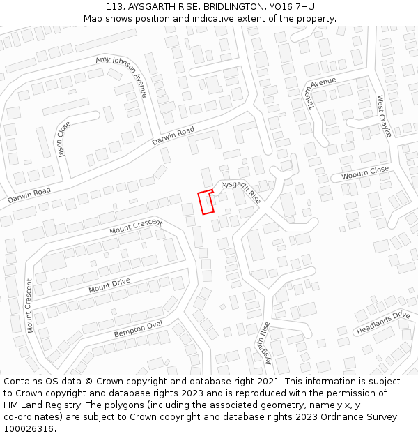 113, AYSGARTH RISE, BRIDLINGTON, YO16 7HU: Location map and indicative extent of plot