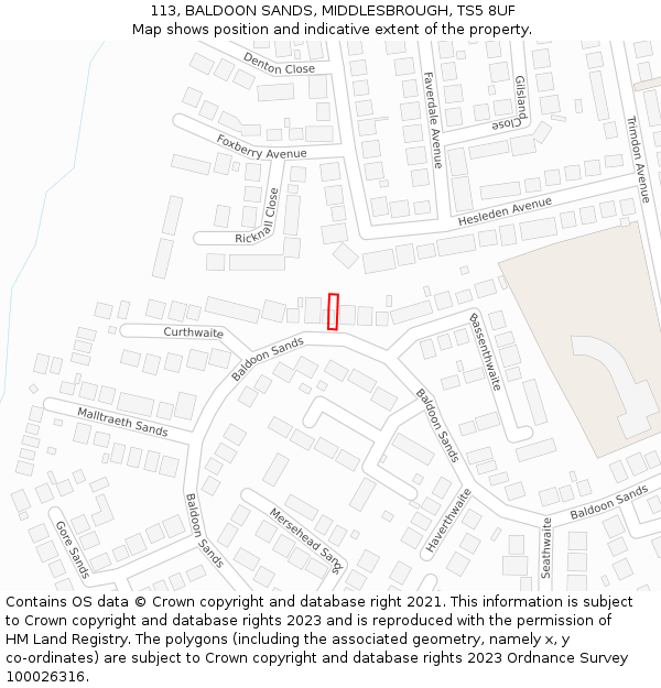113, BALDOON SANDS, MIDDLESBROUGH, TS5 8UF: Location map and indicative extent of plot