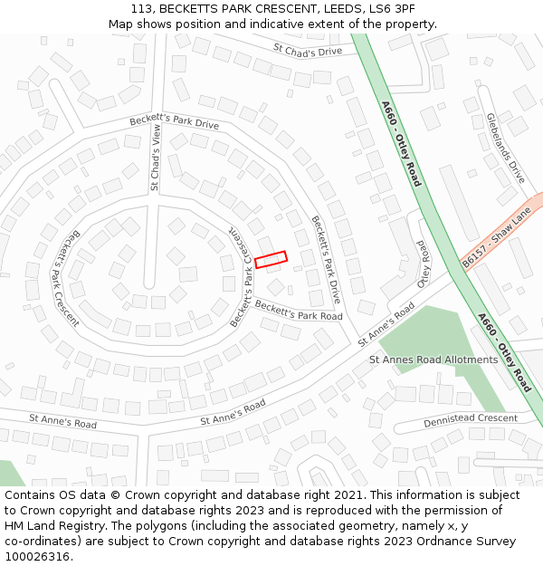 113, BECKETTS PARK CRESCENT, LEEDS, LS6 3PF: Location map and indicative extent of plot