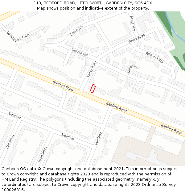 113, BEDFORD ROAD, LETCHWORTH GARDEN CITY, SG6 4DX: Location map and indicative extent of plot