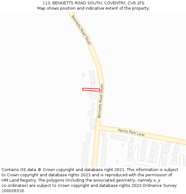 113, BENNETTS ROAD SOUTH, COVENTRY, CV6 2FS: Location map and indicative extent of plot