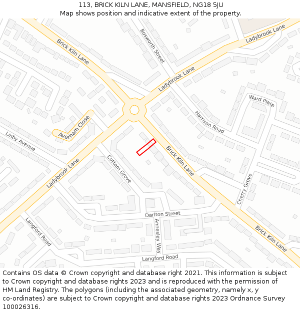 113, BRICK KILN LANE, MANSFIELD, NG18 5JU: Location map and indicative extent of plot