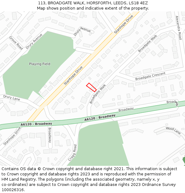 113, BROADGATE WALK, HORSFORTH, LEEDS, LS18 4EZ: Location map and indicative extent of plot
