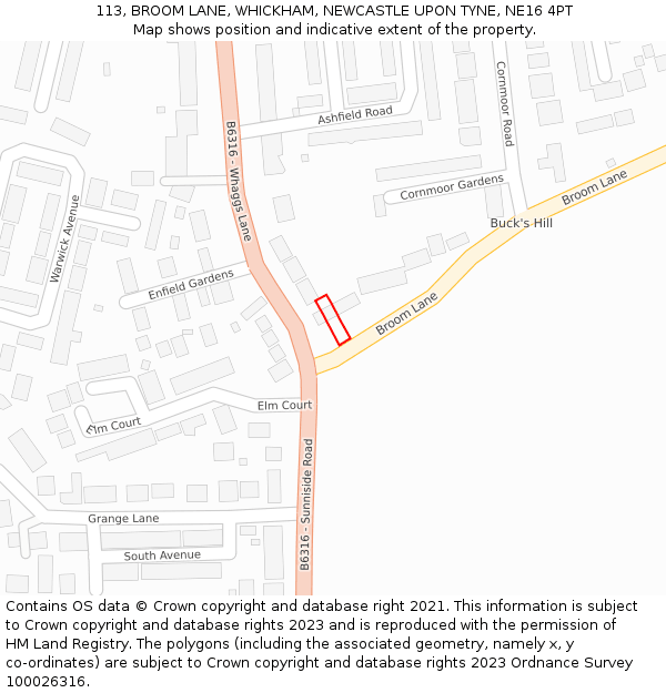 113, BROOM LANE, WHICKHAM, NEWCASTLE UPON TYNE, NE16 4PT: Location map and indicative extent of plot