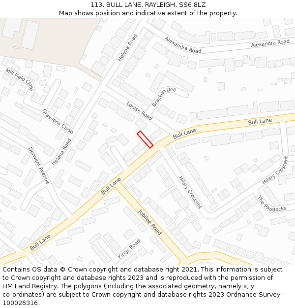 113, BULL LANE, RAYLEIGH, SS6 8LZ: Location map and indicative extent of plot