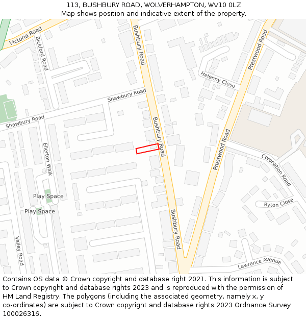 113, BUSHBURY ROAD, WOLVERHAMPTON, WV10 0LZ: Location map and indicative extent of plot