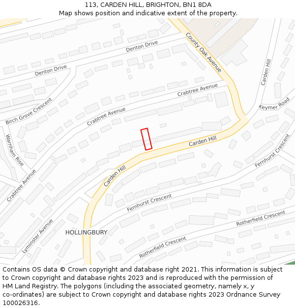 113, CARDEN HILL, BRIGHTON, BN1 8DA: Location map and indicative extent of plot