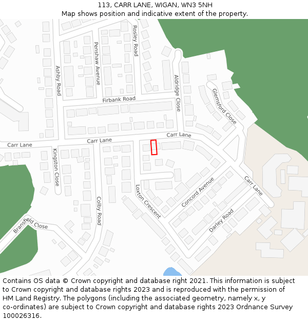 113, CARR LANE, WIGAN, WN3 5NH: Location map and indicative extent of plot