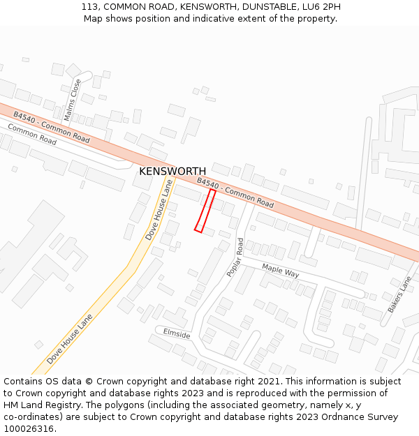 113, COMMON ROAD, KENSWORTH, DUNSTABLE, LU6 2PH: Location map and indicative extent of plot