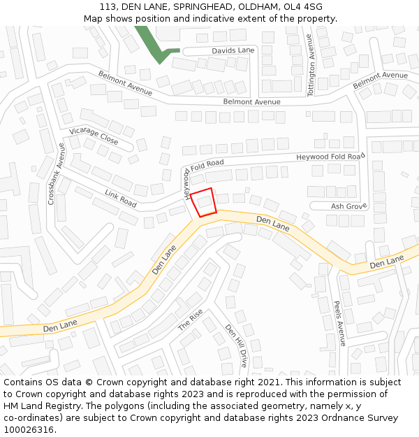 113, DEN LANE, SPRINGHEAD, OLDHAM, OL4 4SG: Location map and indicative extent of plot