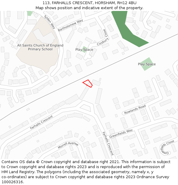 113, FARHALLS CRESCENT, HORSHAM, RH12 4BU: Location map and indicative extent of plot