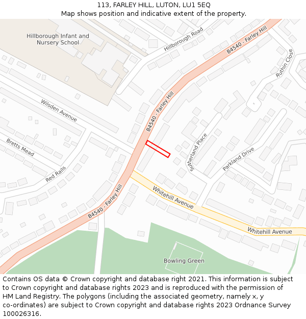 113, FARLEY HILL, LUTON, LU1 5EQ: Location map and indicative extent of plot