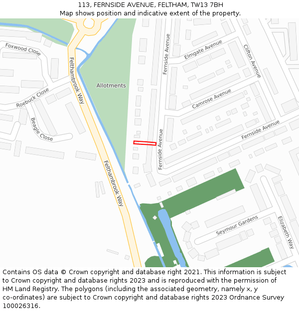 113, FERNSIDE AVENUE, FELTHAM, TW13 7BH: Location map and indicative extent of plot