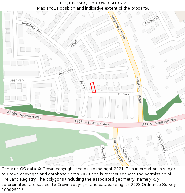 113, FIR PARK, HARLOW, CM19 4JZ: Location map and indicative extent of plot