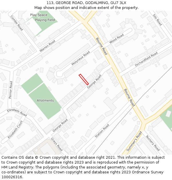 113, GEORGE ROAD, GODALMING, GU7 3LX: Location map and indicative extent of plot