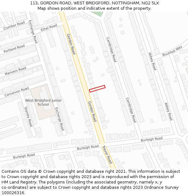 113, GORDON ROAD, WEST BRIDGFORD, NOTTINGHAM, NG2 5LX: Location map and indicative extent of plot