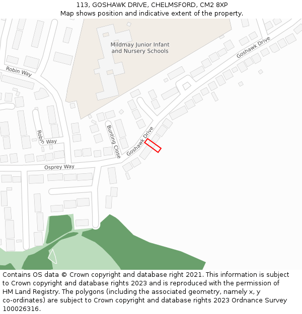 113, GOSHAWK DRIVE, CHELMSFORD, CM2 8XP: Location map and indicative extent of plot