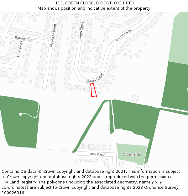 113, GREEN CLOSE, DIDCOT, OX11 8TD: Location map and indicative extent of plot