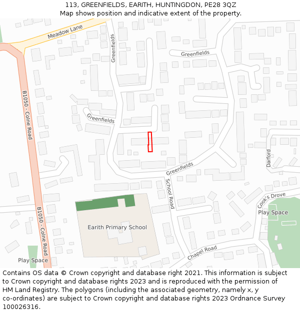 113, GREENFIELDS, EARITH, HUNTINGDON, PE28 3QZ: Location map and indicative extent of plot