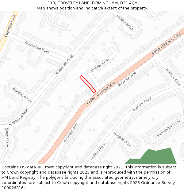 113, GROVELEY LANE, BIRMINGHAM, B31 4QA: Location map and indicative extent of plot