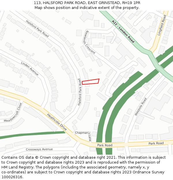 113, HALSFORD PARK ROAD, EAST GRINSTEAD, RH19 1PR: Location map and indicative extent of plot