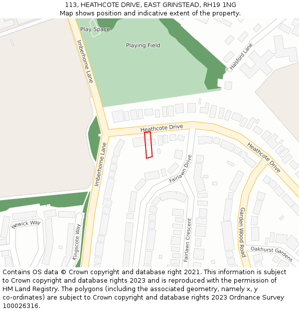 113, HEATHCOTE DRIVE, EAST GRINSTEAD, RH19 1NG: Location map and indicative extent of plot