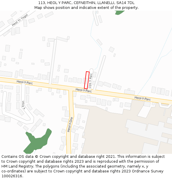 113, HEOL Y PARC, CEFNEITHIN, LLANELLI, SA14 7DL: Location map and indicative extent of plot