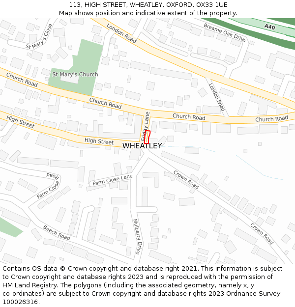 113, HIGH STREET, WHEATLEY, OXFORD, OX33 1UE: Location map and indicative extent of plot