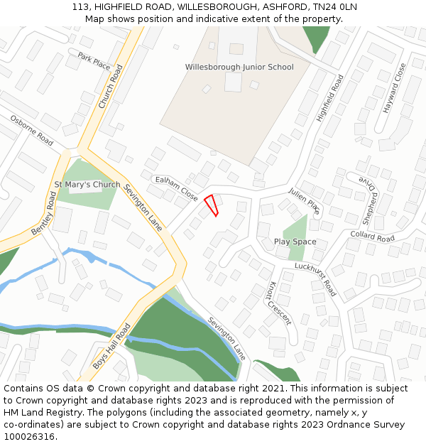 113, HIGHFIELD ROAD, WILLESBOROUGH, ASHFORD, TN24 0LN: Location map and indicative extent of plot