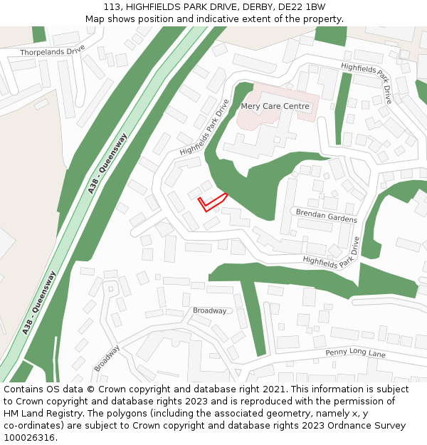 113, HIGHFIELDS PARK DRIVE, DERBY, DE22 1BW: Location map and indicative extent of plot