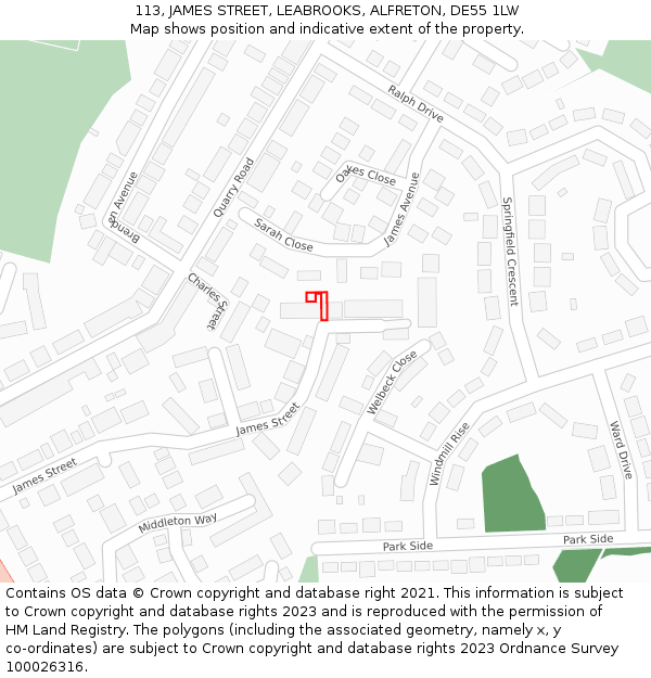 113, JAMES STREET, LEABROOKS, ALFRETON, DE55 1LW: Location map and indicative extent of plot