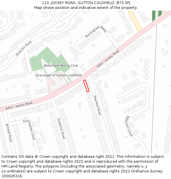 113, JOCKEY ROAD, SUTTON COLDFIELD, B73 5PJ: Location map and indicative extent of plot