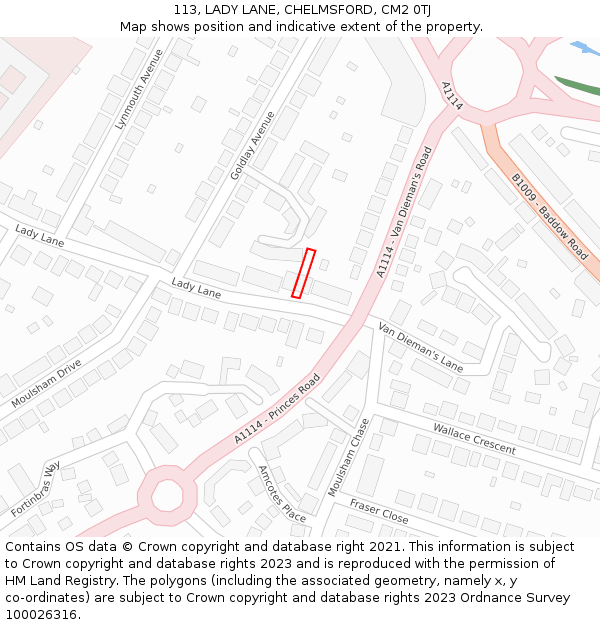 113, LADY LANE, CHELMSFORD, CM2 0TJ: Location map and indicative extent of plot