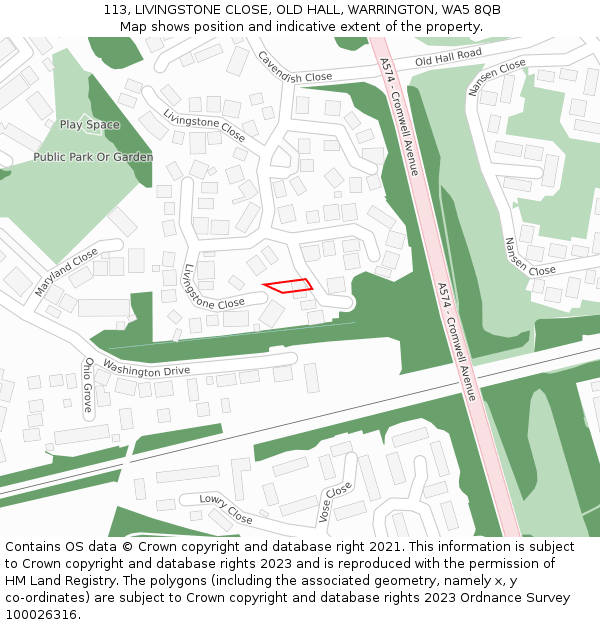 113, LIVINGSTONE CLOSE, OLD HALL, WARRINGTON, WA5 8QB: Location map and indicative extent of plot