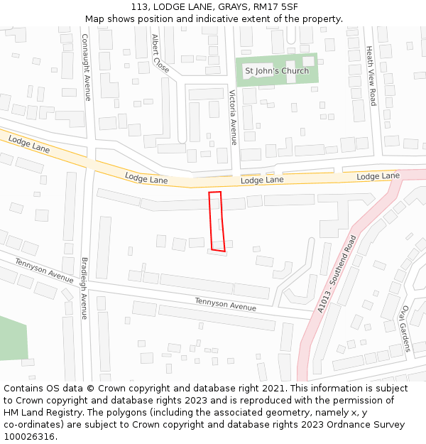 113, LODGE LANE, GRAYS, RM17 5SF: Location map and indicative extent of plot