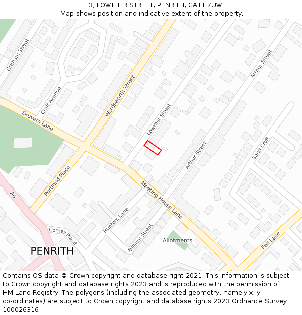 113, LOWTHER STREET, PENRITH, CA11 7UW: Location map and indicative extent of plot