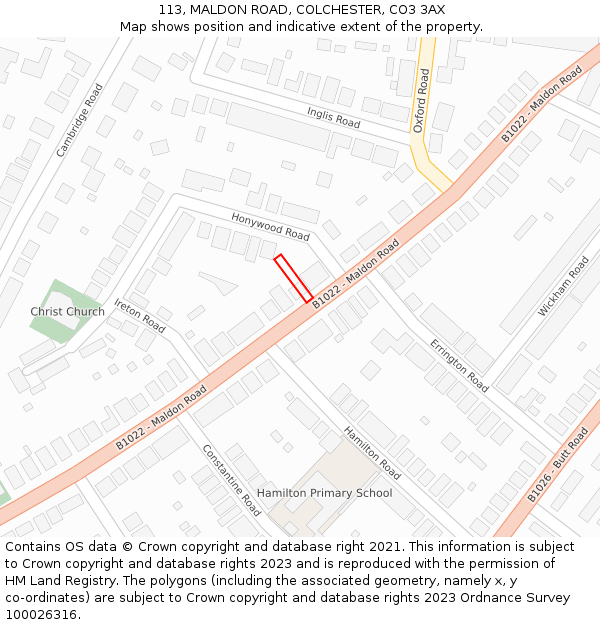 113, MALDON ROAD, COLCHESTER, CO3 3AX: Location map and indicative extent of plot