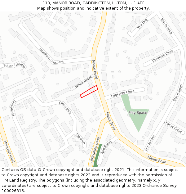 113, MANOR ROAD, CADDINGTON, LUTON, LU1 4EF: Location map and indicative extent of plot