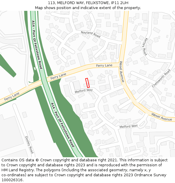 113, MELFORD WAY, FELIXSTOWE, IP11 2UH: Location map and indicative extent of plot