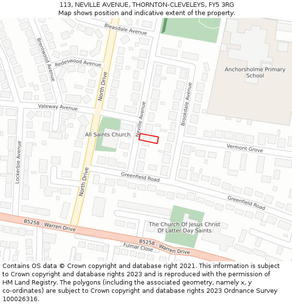 113, NEVILLE AVENUE, THORNTON-CLEVELEYS, FY5 3RG: Location map and indicative extent of plot