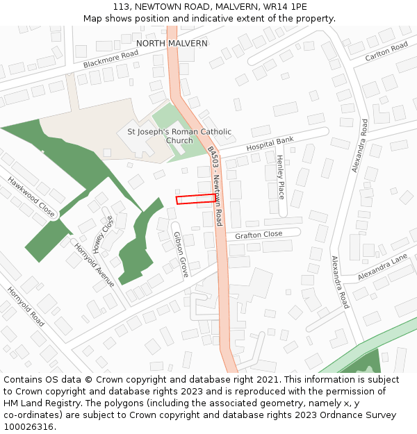 113, NEWTOWN ROAD, MALVERN, WR14 1PE: Location map and indicative extent of plot