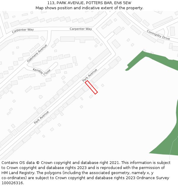 113, PARK AVENUE, POTTERS BAR, EN6 5EW: Location map and indicative extent of plot