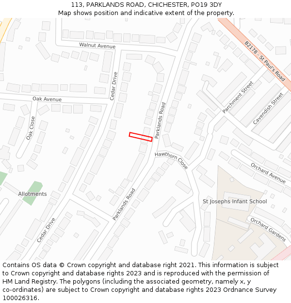 113, PARKLANDS ROAD, CHICHESTER, PO19 3DY: Location map and indicative extent of plot